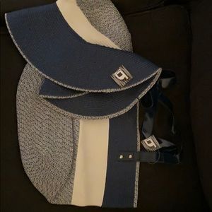 Blue and cream beach wear hat and bag.